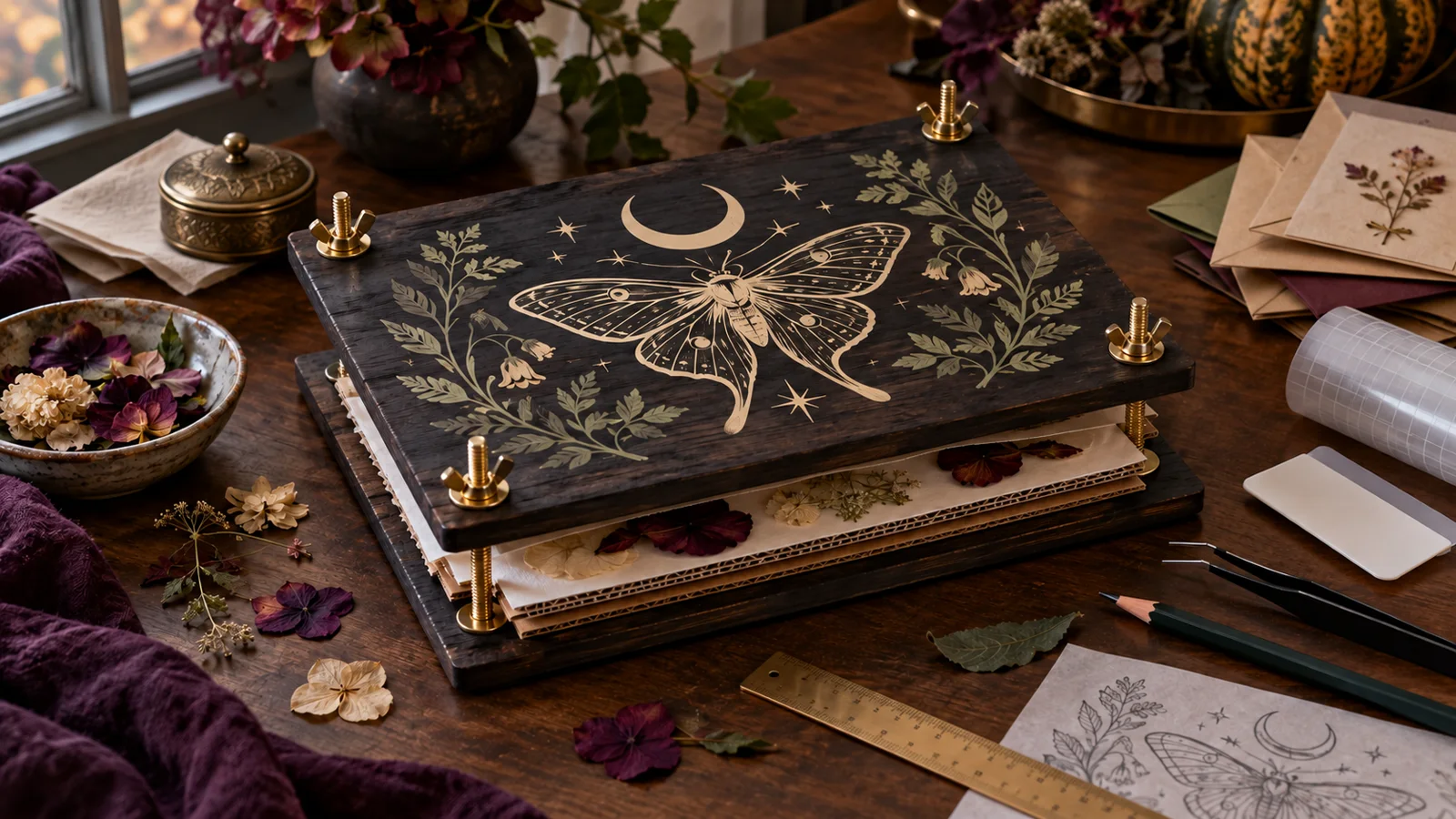 Finished charcoal wooden flower press with brass wing nuts, cream-and-sage botanical moth vinyl, crescent moon, stars, leaves, blotting paper, and corrugated pressing layers
