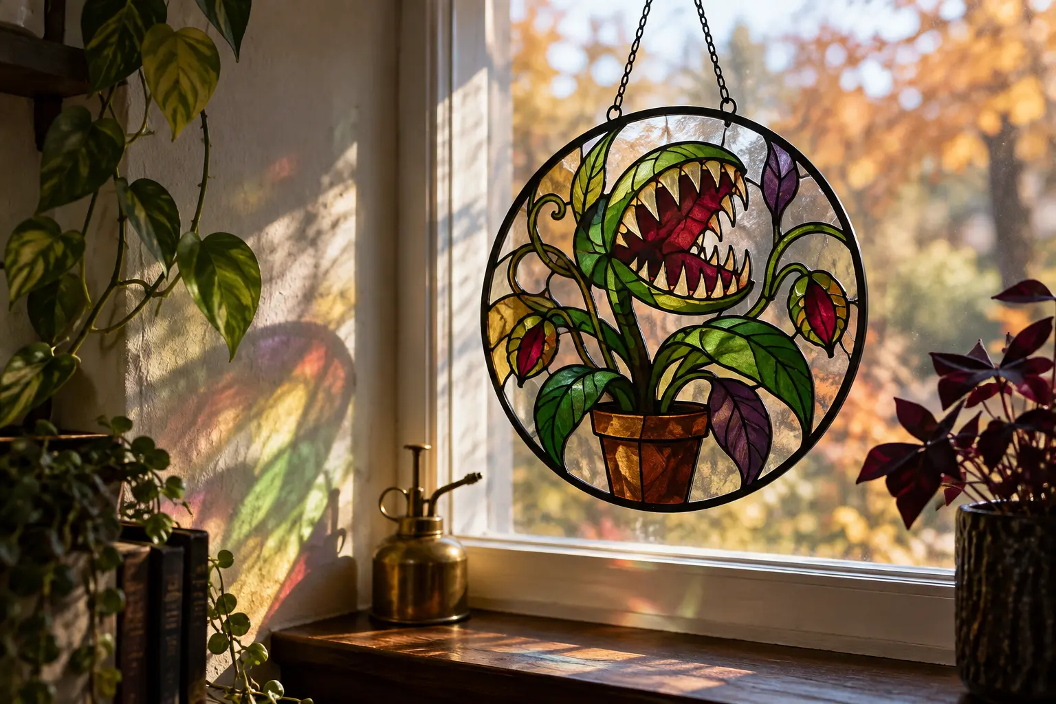 Finished round faux stained-glass carnivorous-plant suncatcher made with emerald, plum, ruby, amber, and smoky transparent vinyl on clear acrylic with black leading