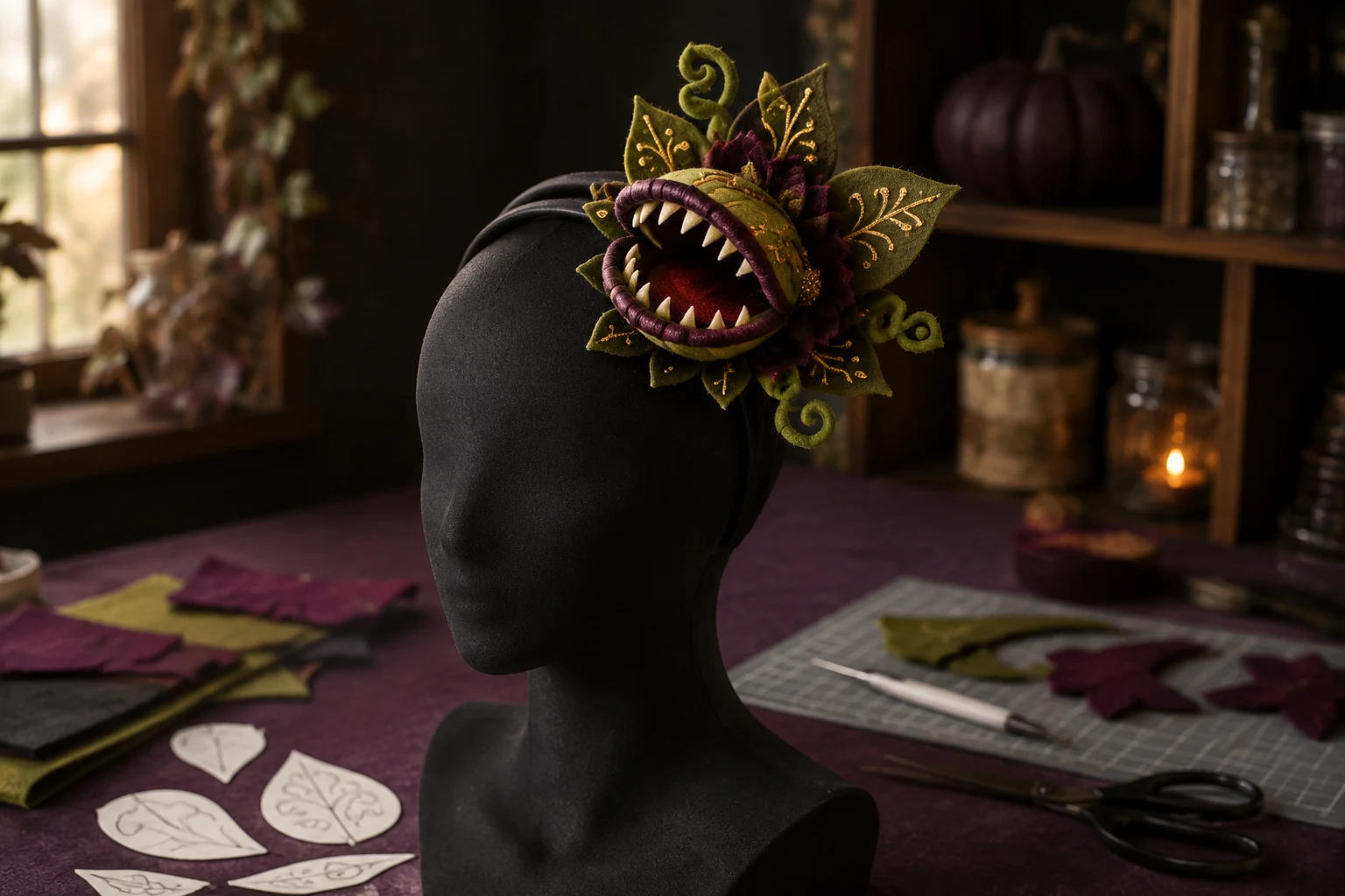 Finished handmade carnivorous-plant Halloween fascinator with green and burgundy felt petals, soft cream teeth, gold HTV details, curled leaves, and a slim black headband on a mannequin