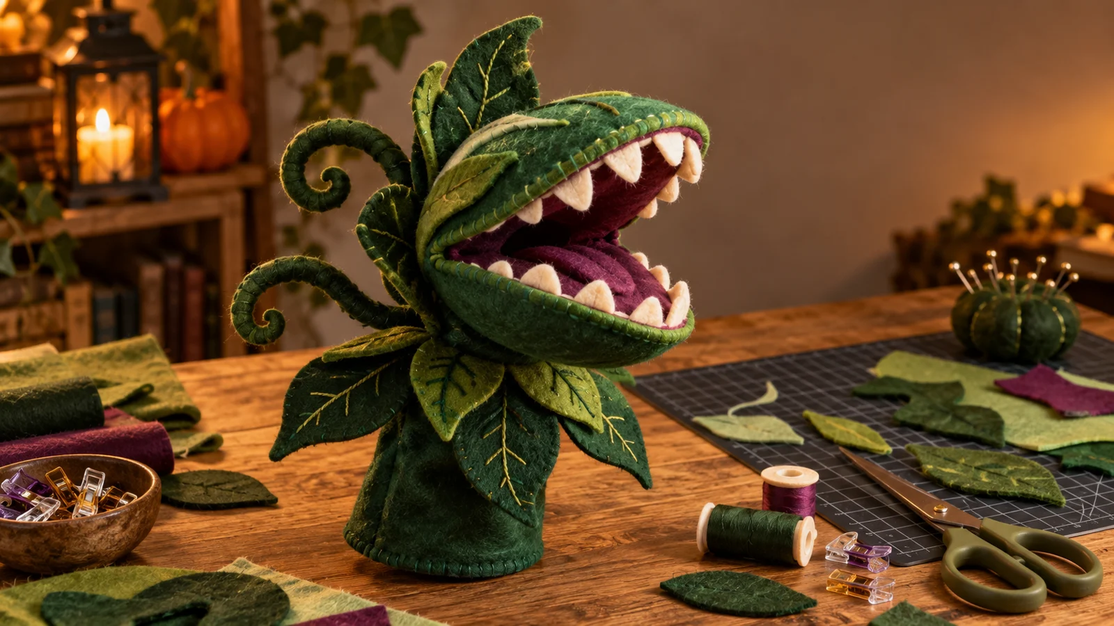 Handmade deep-green carnivorous plant felt hand puppet with a plum mouth, cream felt teeth, curled vines, and leafy details on a warmly lit sewing table