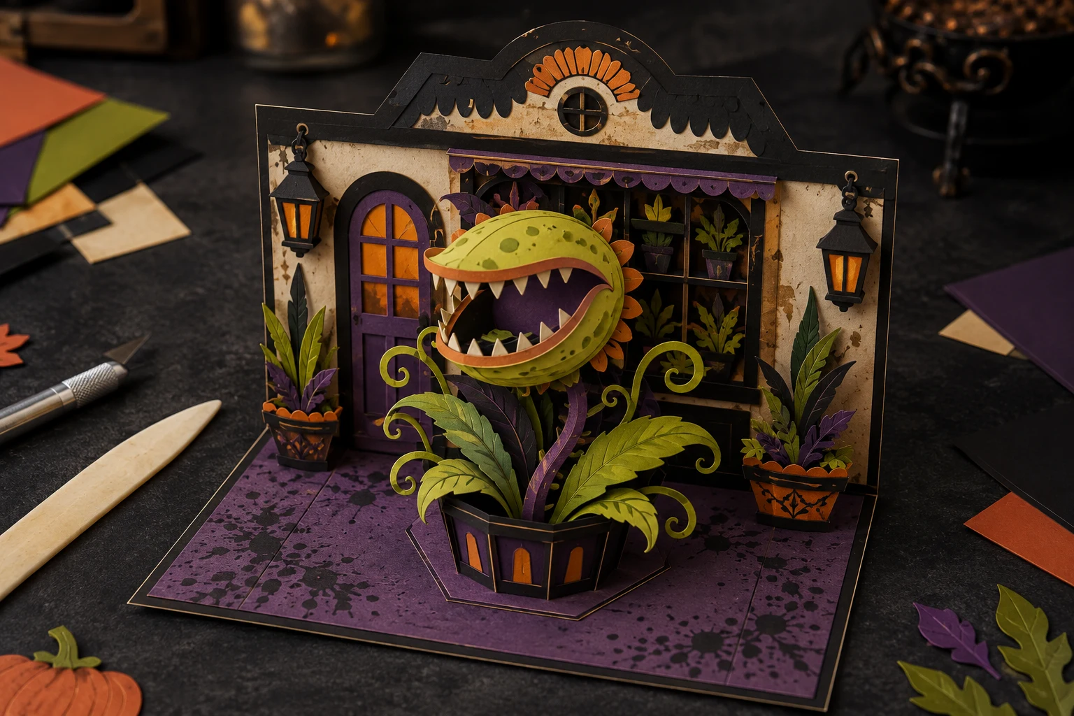 Finished handmade pop-up Halloween card with a layered green carnivorous plant rising from a purple-and-black vintage flower-shop scene