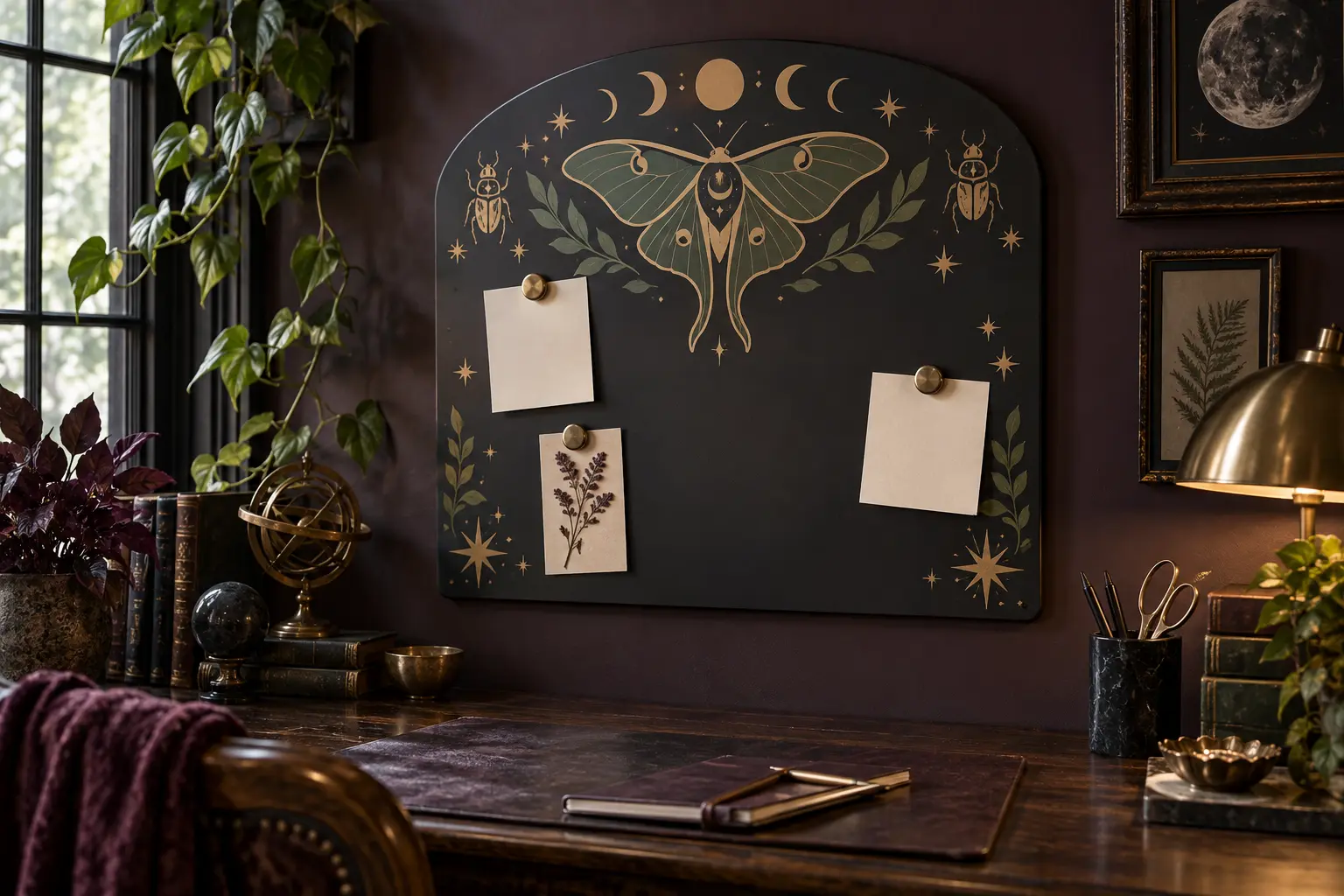 Finished charcoal magnetic message board decorated with an antique-gold celestial moth, beetles, moon phases, stars, moss leaves, and blank cream notes in a gothic home office
