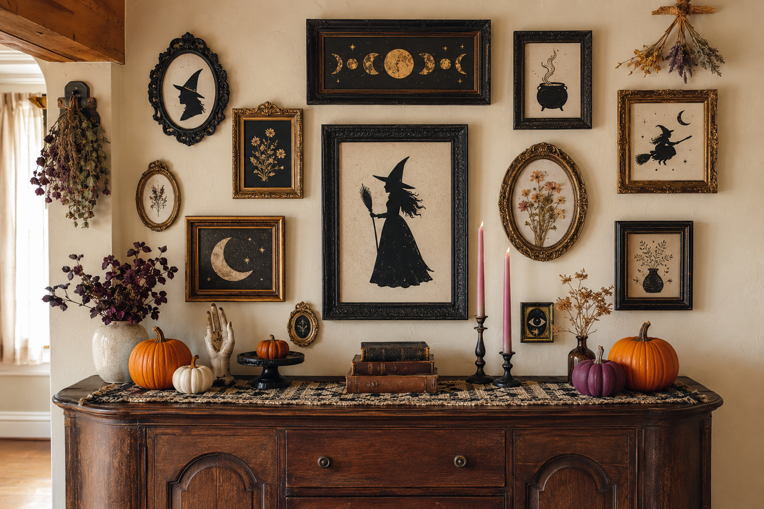 Finished cozy witch gallery wall made with thrifted black and gold frames, paper silhouettes, moons, botanicals, pumpkins, and pink candles
