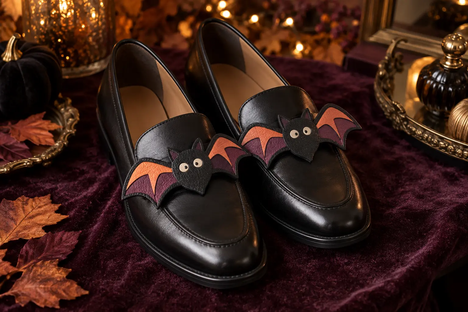 Pair of black loafers decorated with removable black faux-leather bat shoe clips featuring burnt-orange and plum wing panels and cream eyes on plum velvet