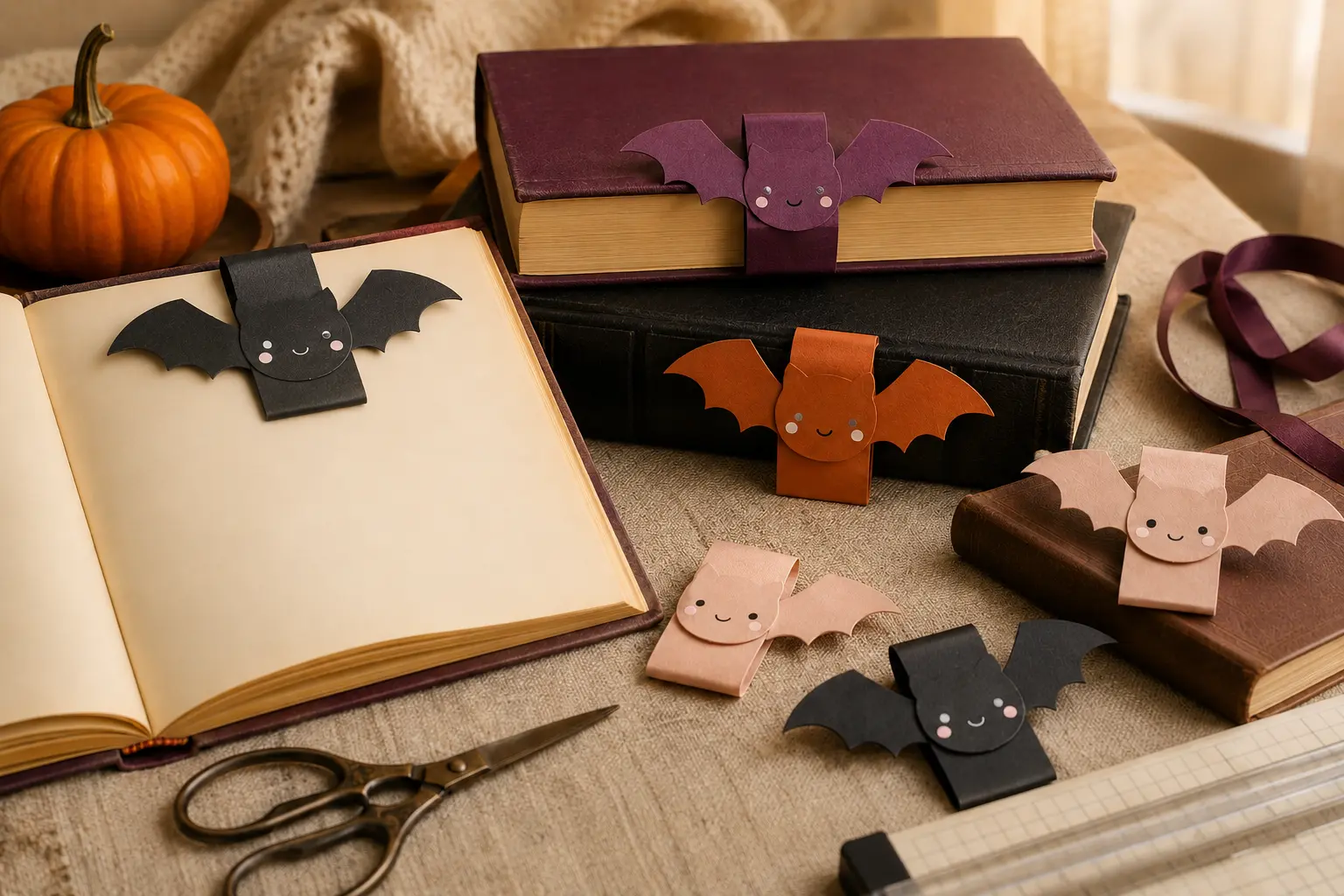Six finished black, plum, blush, and burnt-orange bat-shaped magnetic bookmarks clipped over pages beside autumn reading supplies