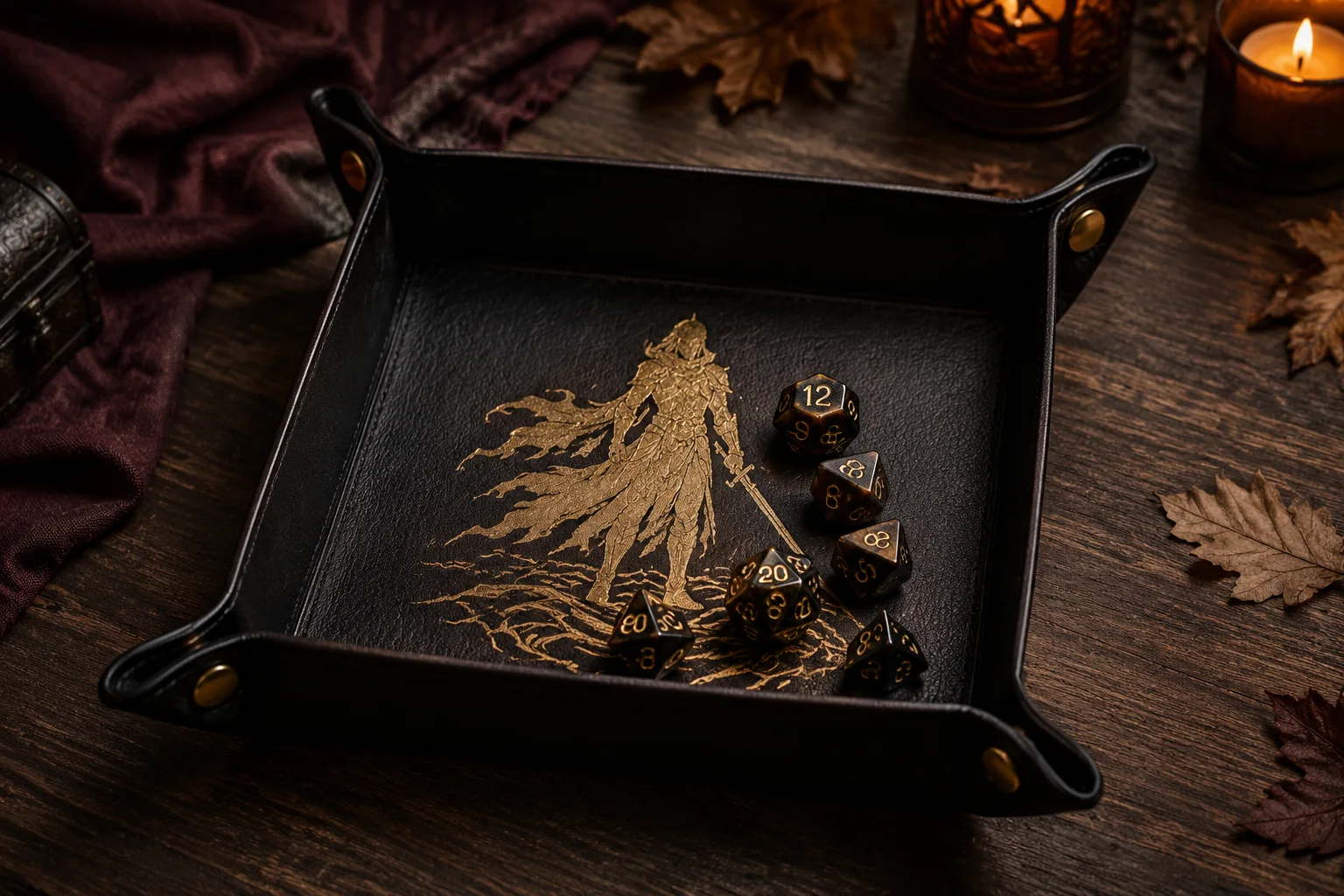 Finished collapsible black faux-leather dice tray with antique-brass corner snaps, a metallic-gold dark-fantasy warrior motif, and polyhedral dice