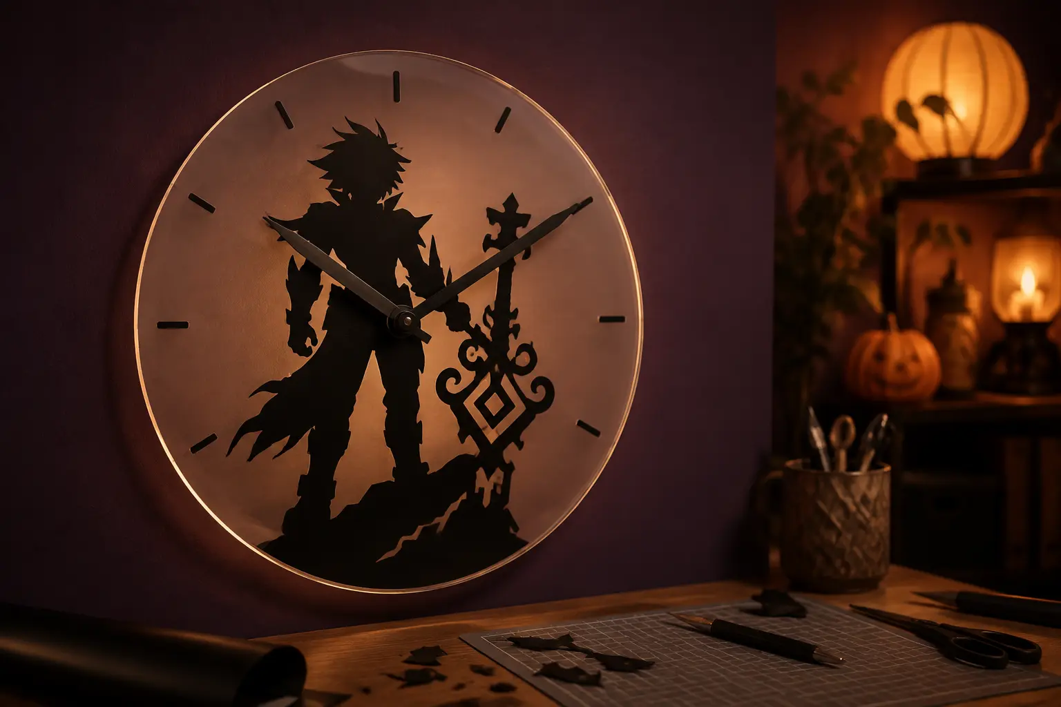 Finished round acrylic wall clock with a black dark-fantasy shadow warrior silhouette and simple hour marks in a plum game room