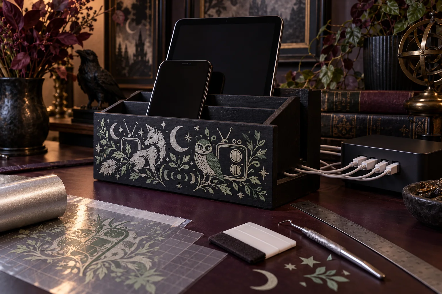 Finished matte-black wooden charging station with open phone and tablet slots, a separate external USB hub, and pale silver and sage woodland-animal, retro-television, moon, and star vinyl motifs