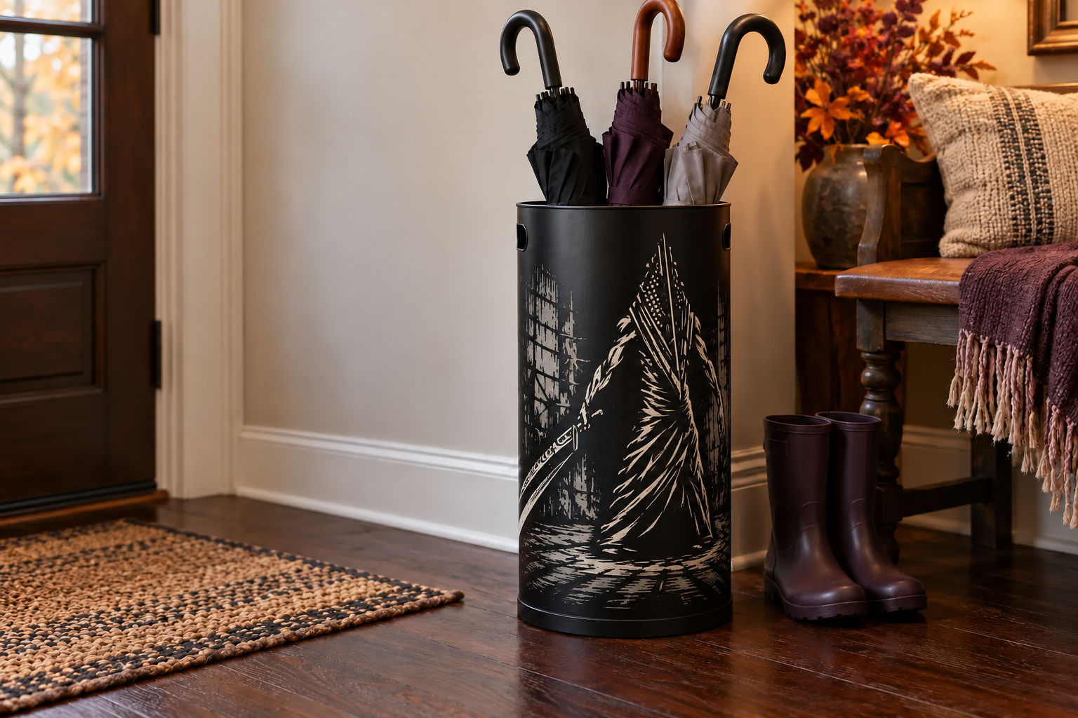 Finished matte-black umbrella stand decorated with the featured triangular-helmet horror cut-file artwork in a warm entryway