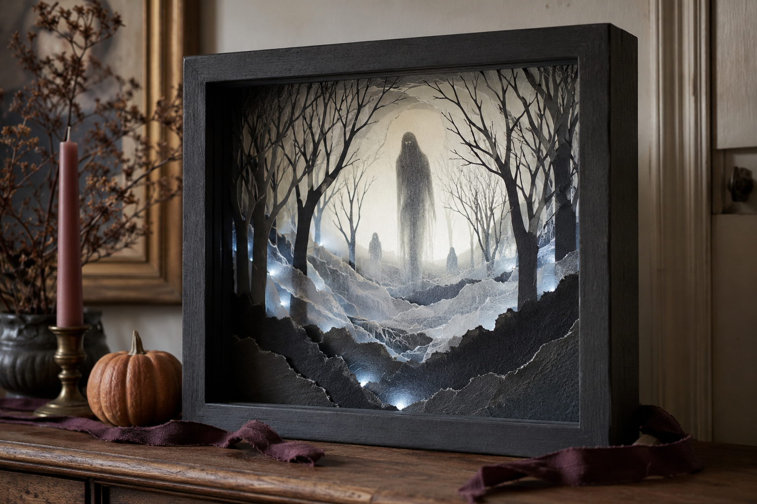 Finished layered paper shadow box with vellum fog, bare trees, misty monster silhouettes, hidden lights, a pumpkin, and plum ribbon
