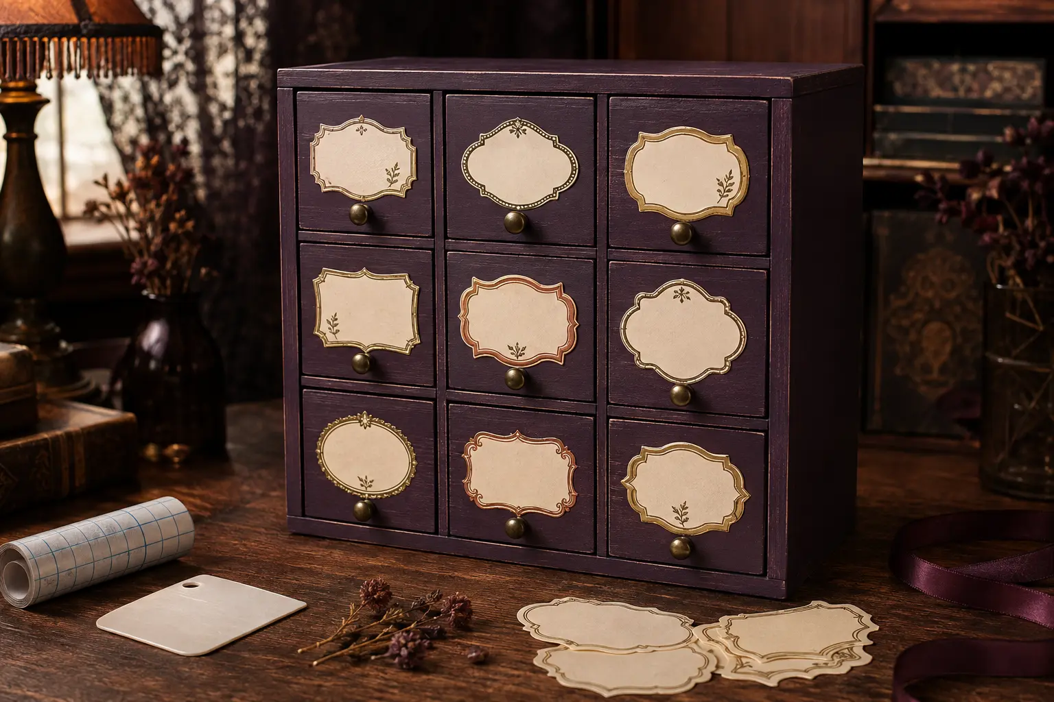 Finished black desktop apothecary drawer cabinet with nine ornate cream and muted-gold vinyl frame labels in a warm gothic craft room
