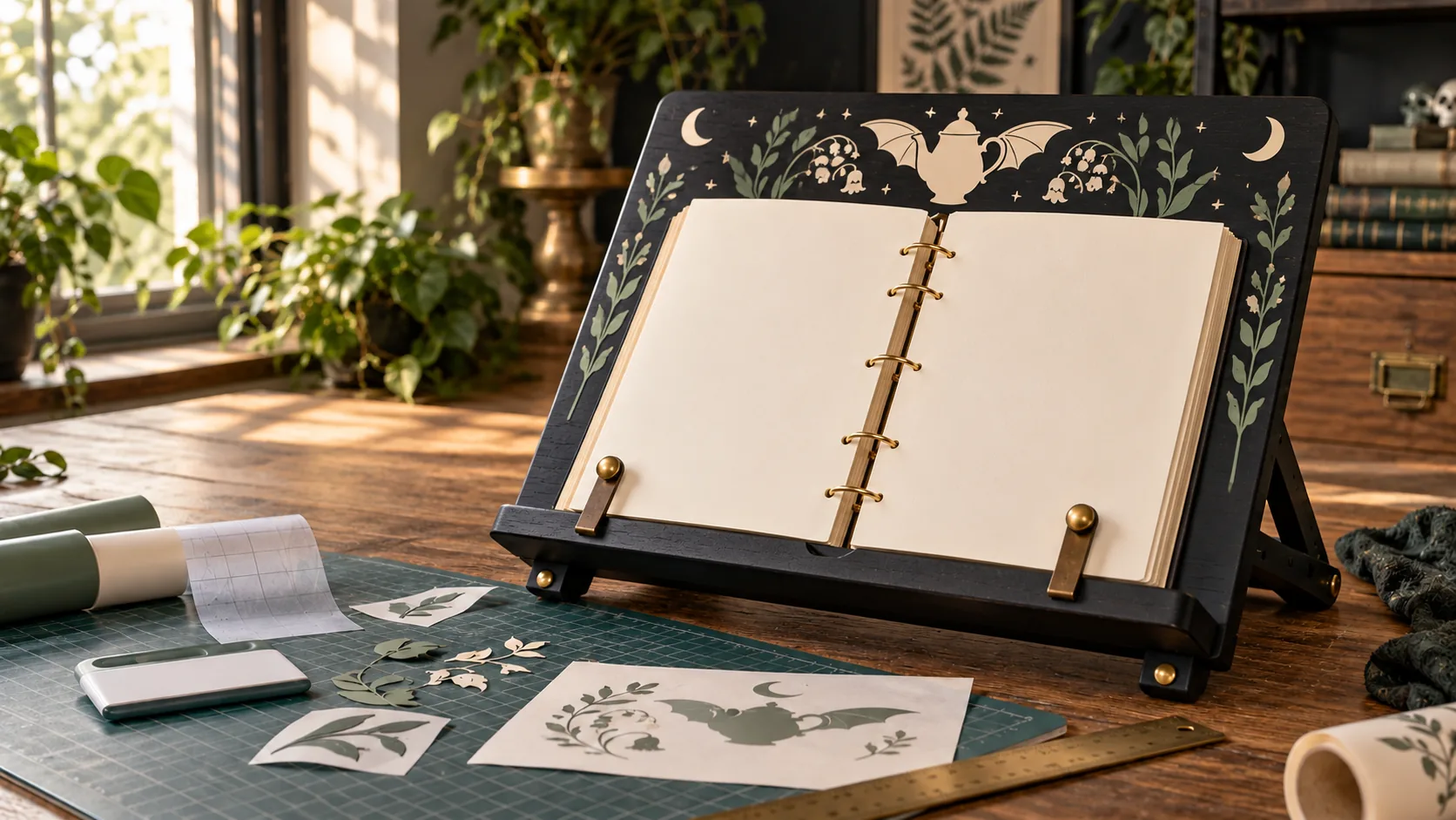 Finished matte-charcoal folding wooden cookbook stand holding an open blank recipe binder with cream-and-sage bat-wing teapot, crescent, star, and botanical adhesive-vinyl motifs on the exposed back panel