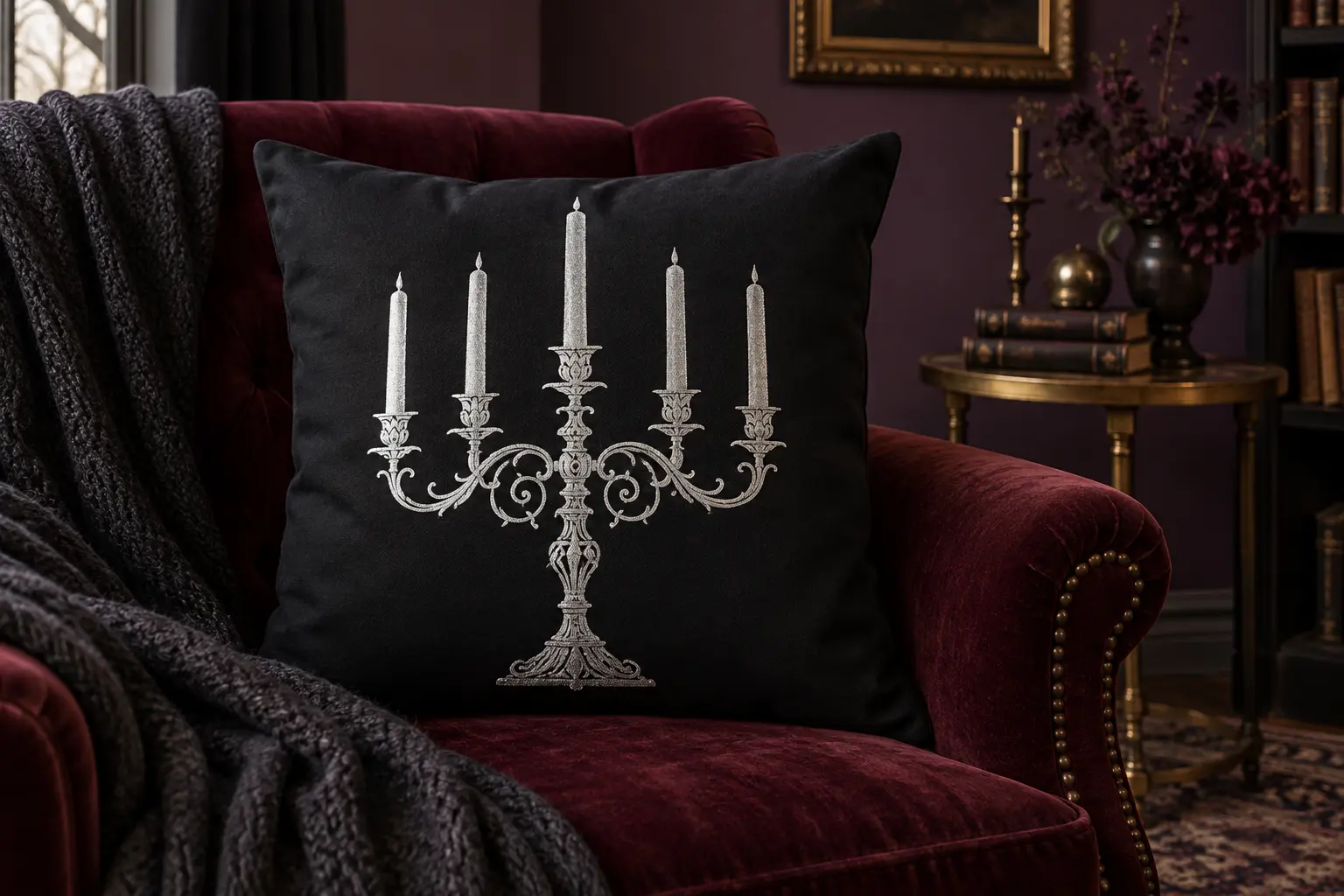 Finished black canvas pillow with a large metallic-silver five-candle gothic candelabra motif on a burgundy velvet armchair