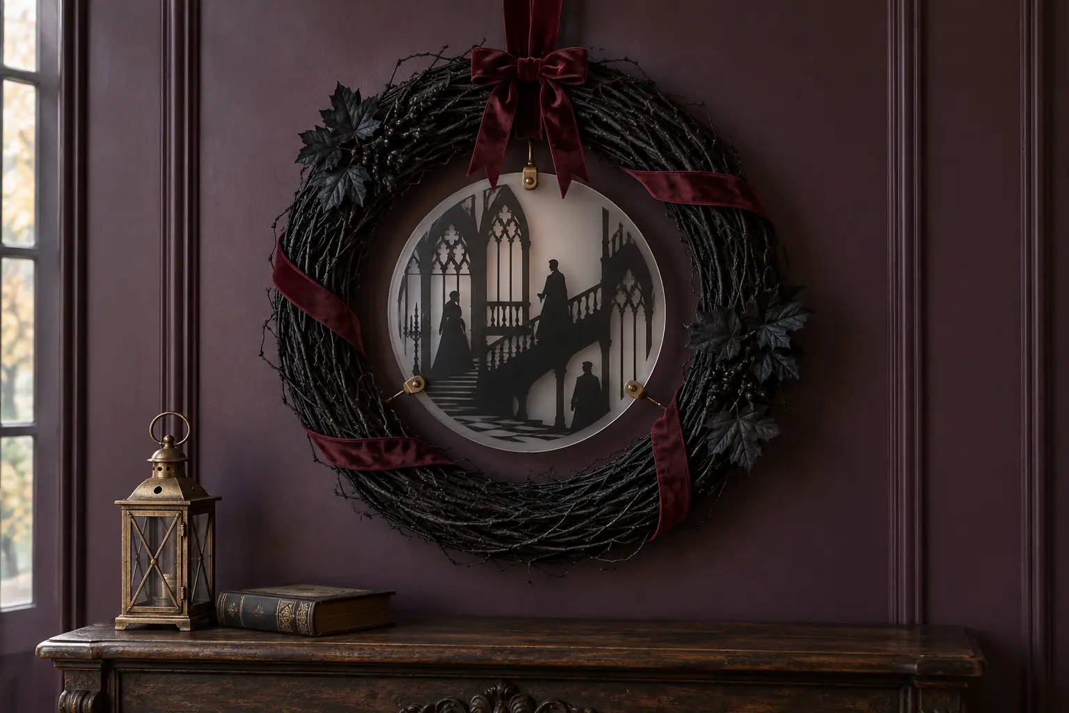Finished matte-black grapevine Halloween wreath with burgundy velvet ribbon, black foliage, and a frosted acrylic gothic castle centerpiece