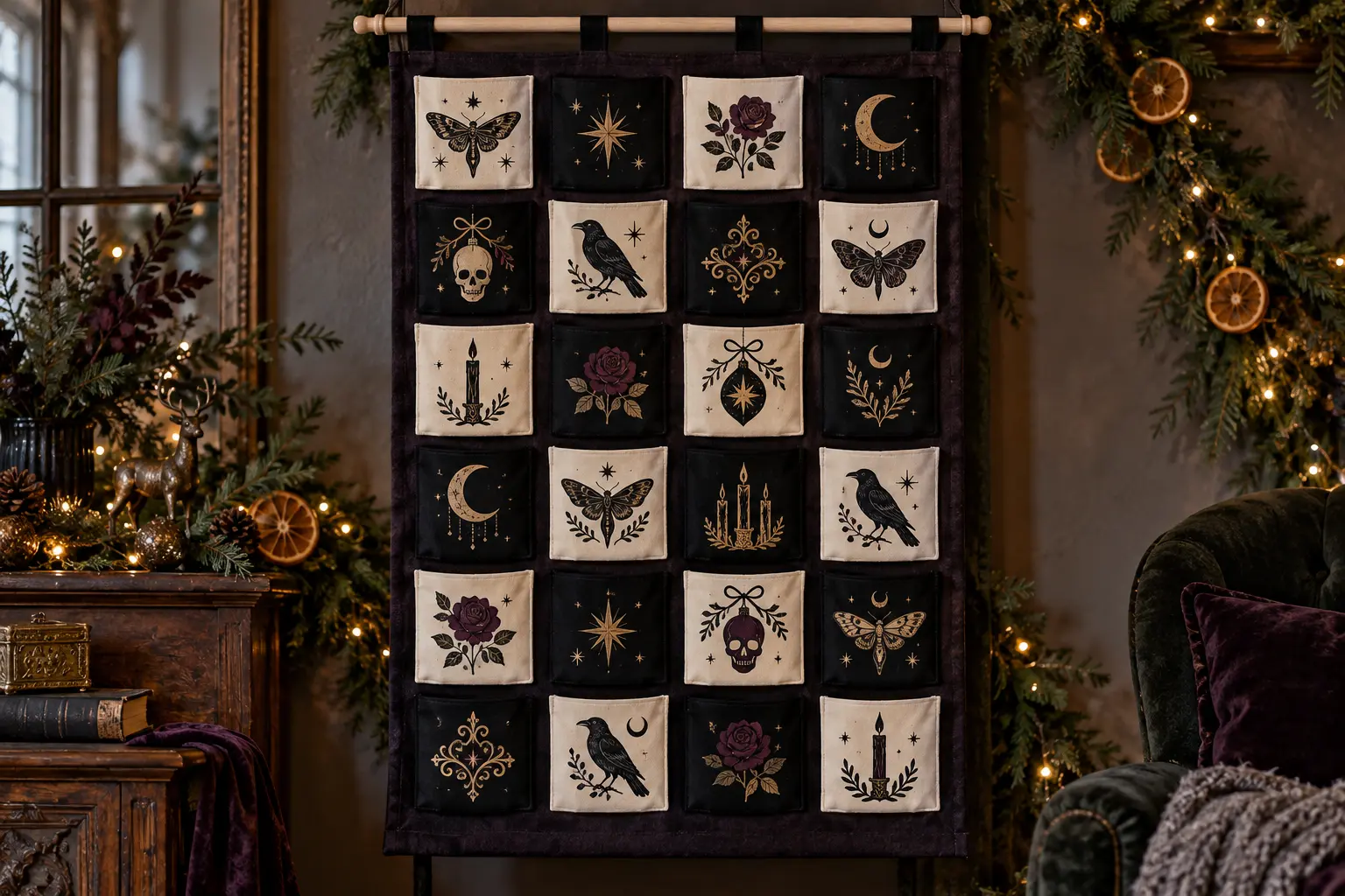Charcoal Gothic Christmas advent calendar wall hanging with twenty-four cream and black canvas pockets decorated with antique-gold, plum, and black moth, bat, moon, rose, skull, star, candle, raven, and filigree motifs