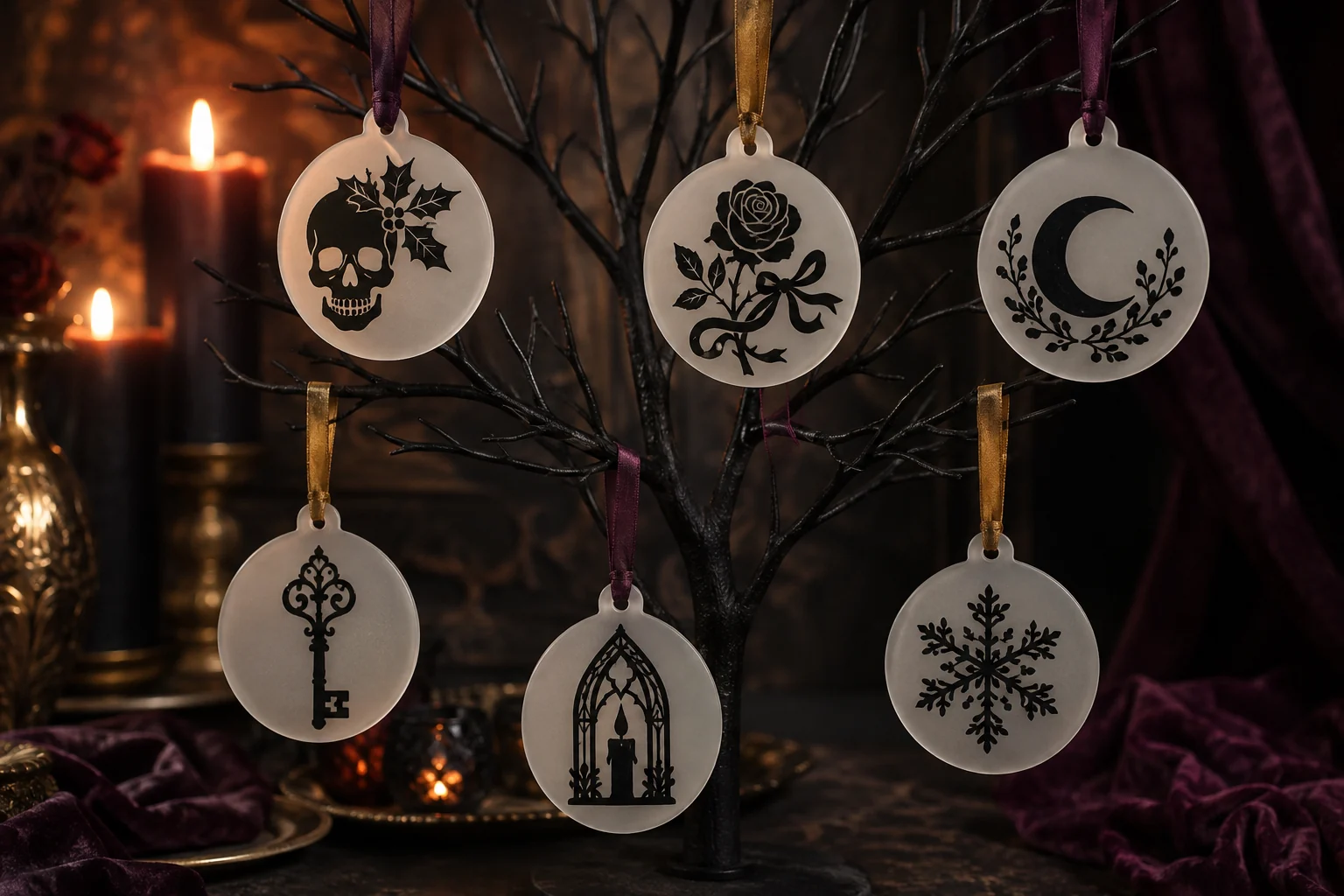 Six finished frosted acrylic Gothic Christmas ornaments with black skull, rose, crescent moon, key, candle, and snowflake vinyl designs hanging on a matte-black branch tree