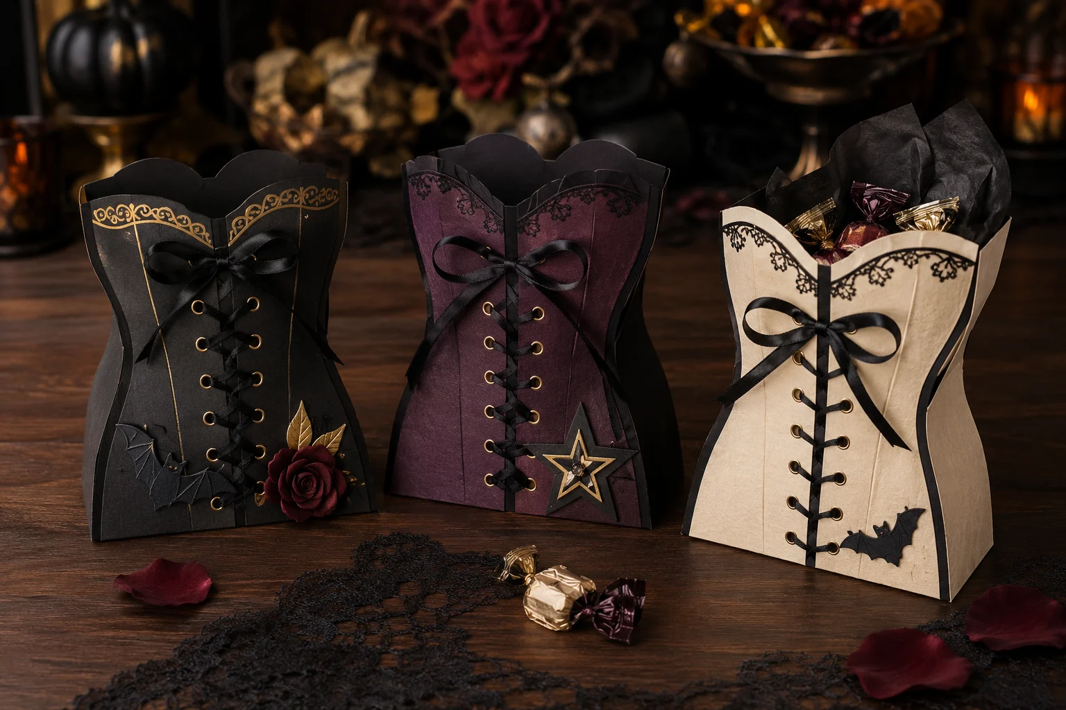 Three finished black, plum, and cream cardstock Halloween favor boxes with corset-shaped fronts, black ribbon lacing, gold eyelets, and gothic paper accents