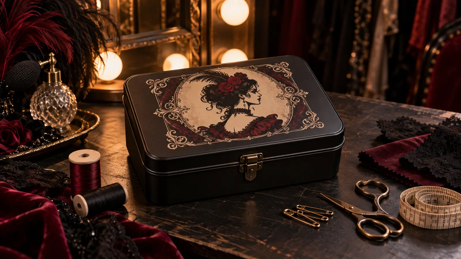 Matte-black costume repair tin with cream and burgundy gothic portrait vinyl beside thread, closed scissors, measuring tape, safety pins, and fabric swatches on a theatrical dressing-room vanity