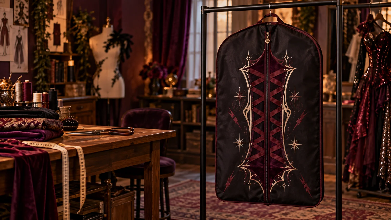 Black fabric costume garment bag with burgundy and cream gothic heat-transfer details hanging beside a sequined costume in a warmly lit theatrical sewing studio