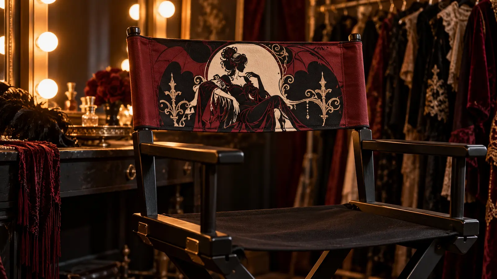 Black director’s chair with a removable burgundy canvas backrest decorated with cream gothic theatrical heat-transfer artwork in a warmly lit dressing room