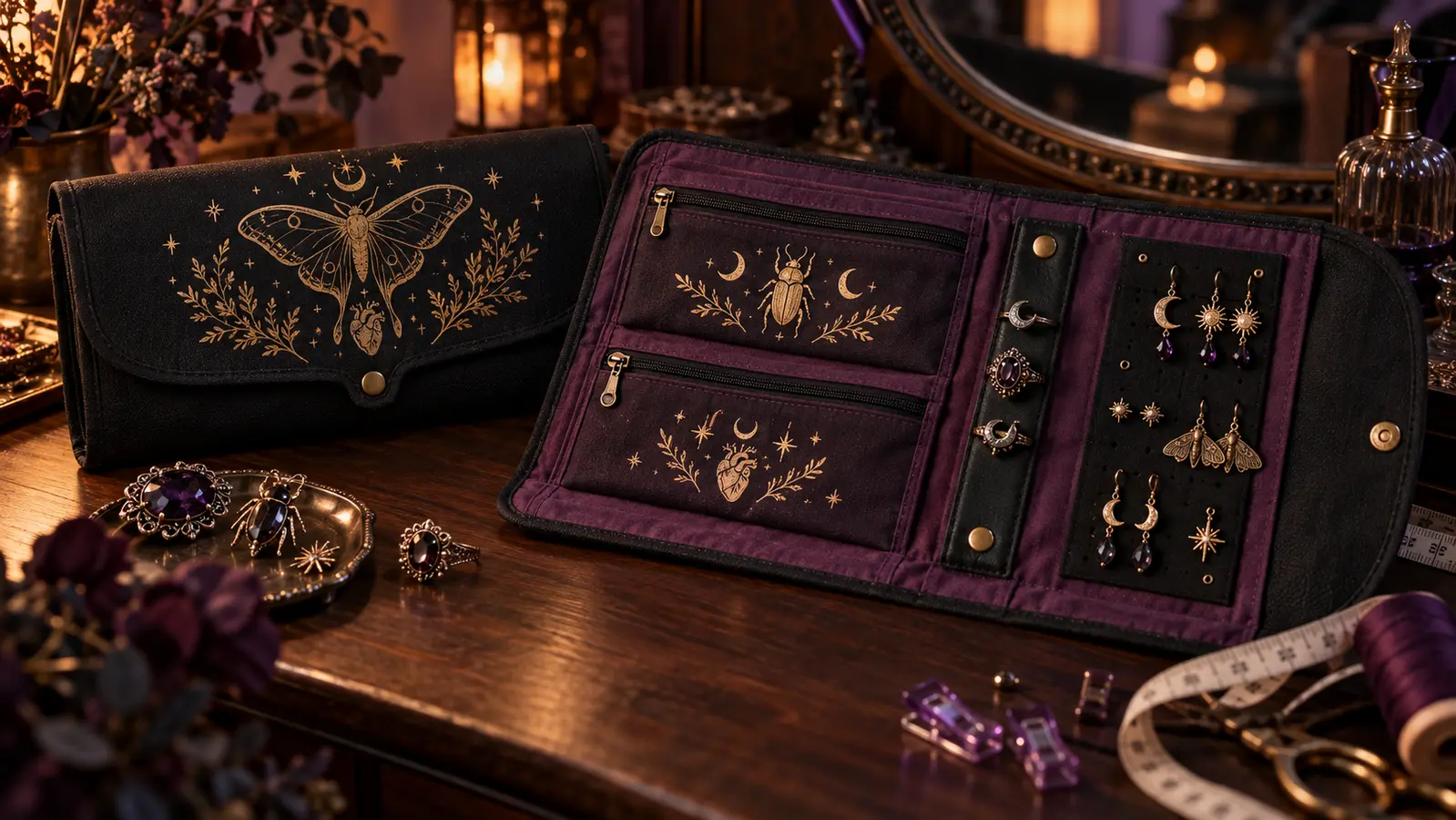 Open handmade black canvas travel jewelry roll with deep-plum lining, zipped pockets, ring tab, earring panel, antique-gold moth motifs, and neatly arranged costume jewelry on a dark wooden vanity