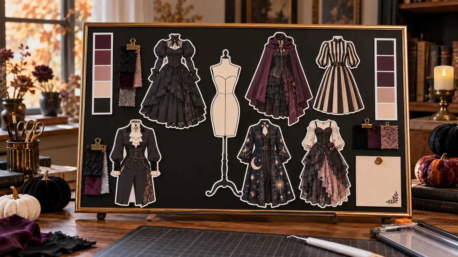 Framed matte-black magnetic Halloween costume-planning board with six large gothic outfit magnets, a central dress-form silhouette, plum and cream color swatches, clipped fabric samples, pumpkins, and Cricut tools