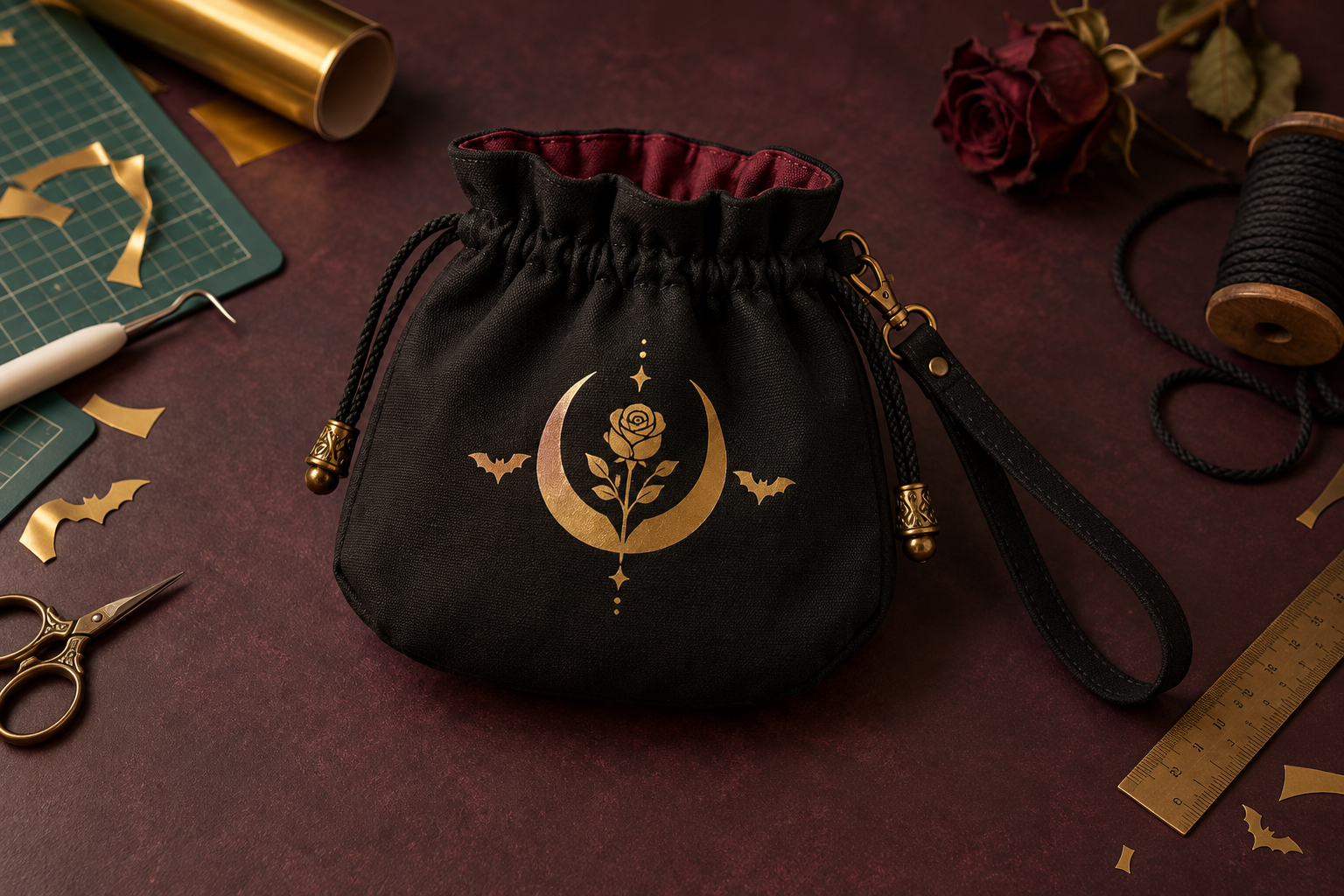 Finished black cotton-canvas drawstring reticule wristlet with an antique-gold crescent, rose, and bat heat-transfer-vinyl motif, burgundy lining, brass hardware, and Cricut tools on a dark plum craft table