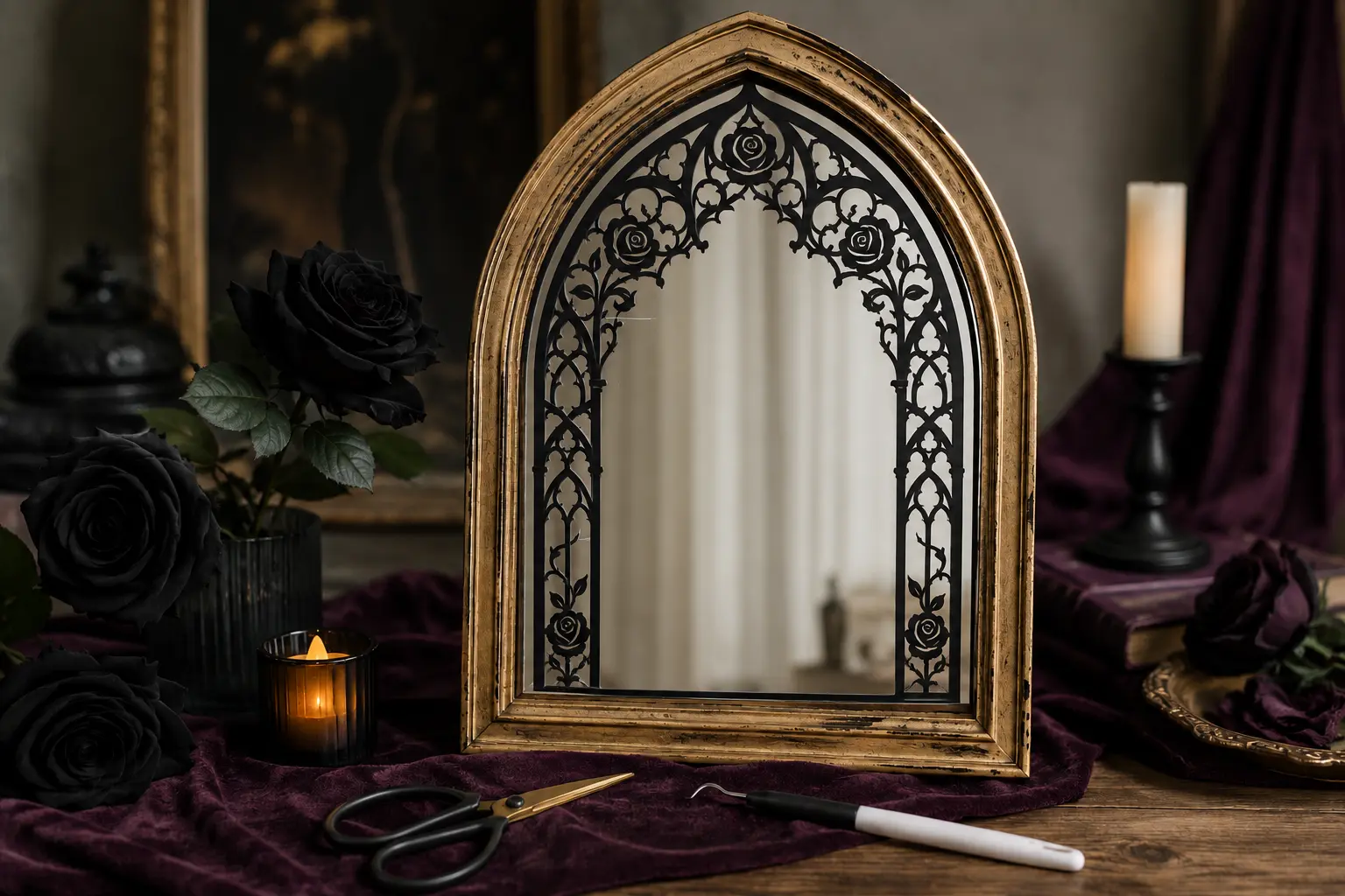Finished DIY arched mirror with a black gothic rose-window vinyl design, antique-gold frame, black roses, plum fabric, and craft tools