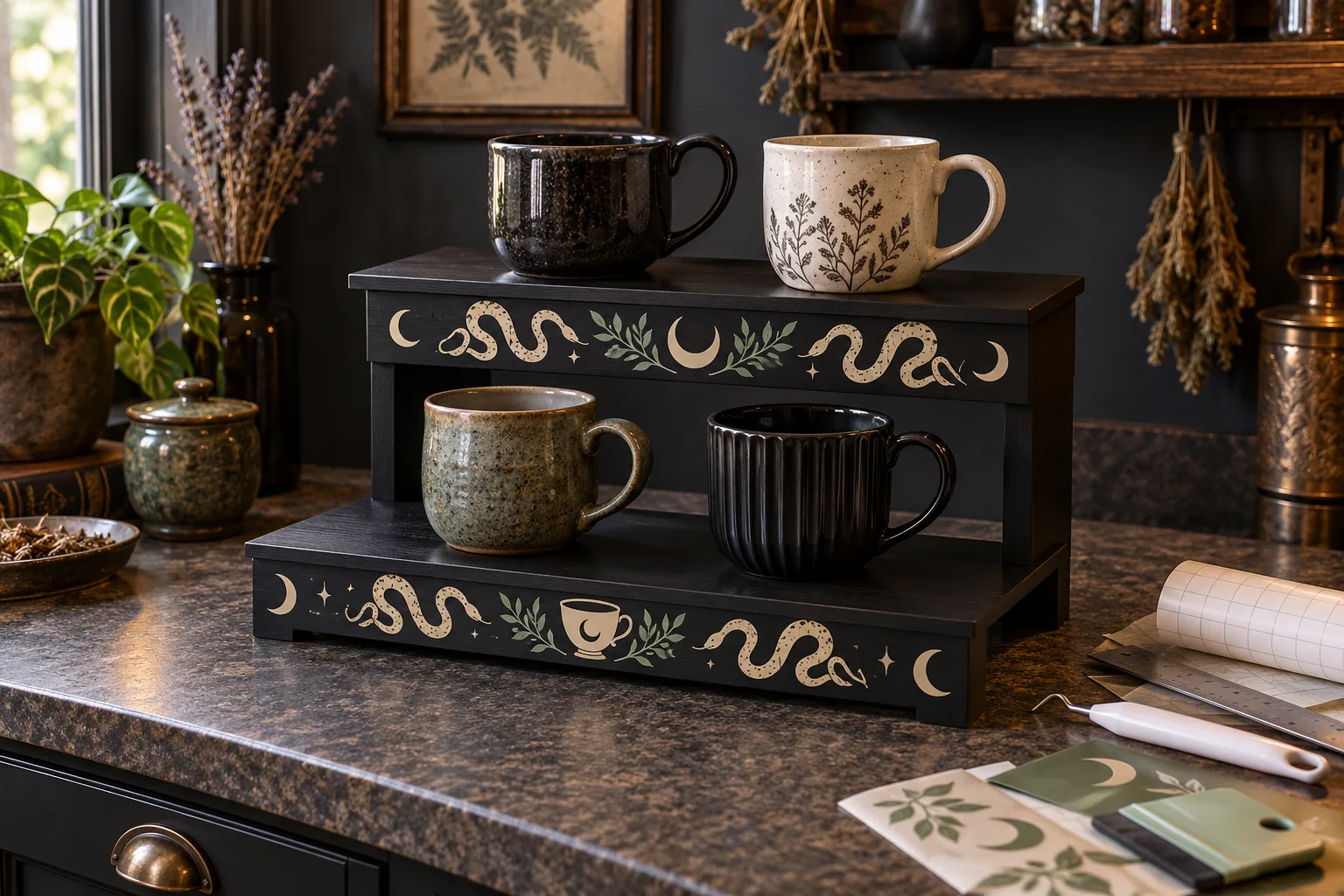Finished matte-black two-tier wooden mug display riser with empty ceramic mugs and cream-and-sage adhesive-vinyl snake, crescent, foliage, and teacup motifs on the vertical front aprons