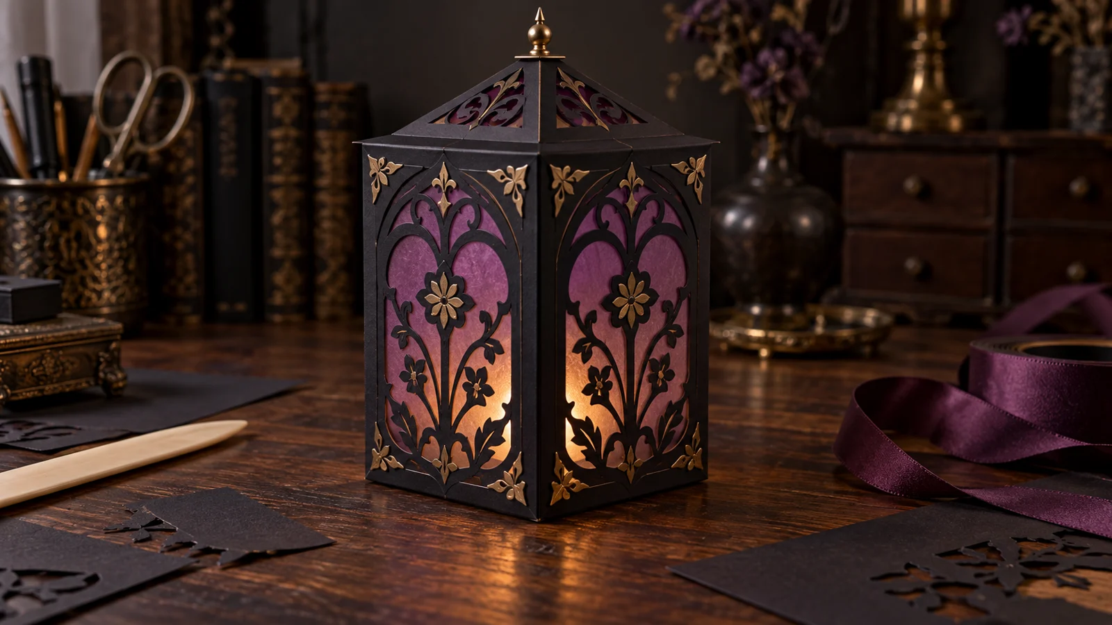 Handmade four-sided black cardstock gothic lantern with broad Victorian floral cutouts, plum vellum panels, and a warm flameless LED glow on a dark wood table