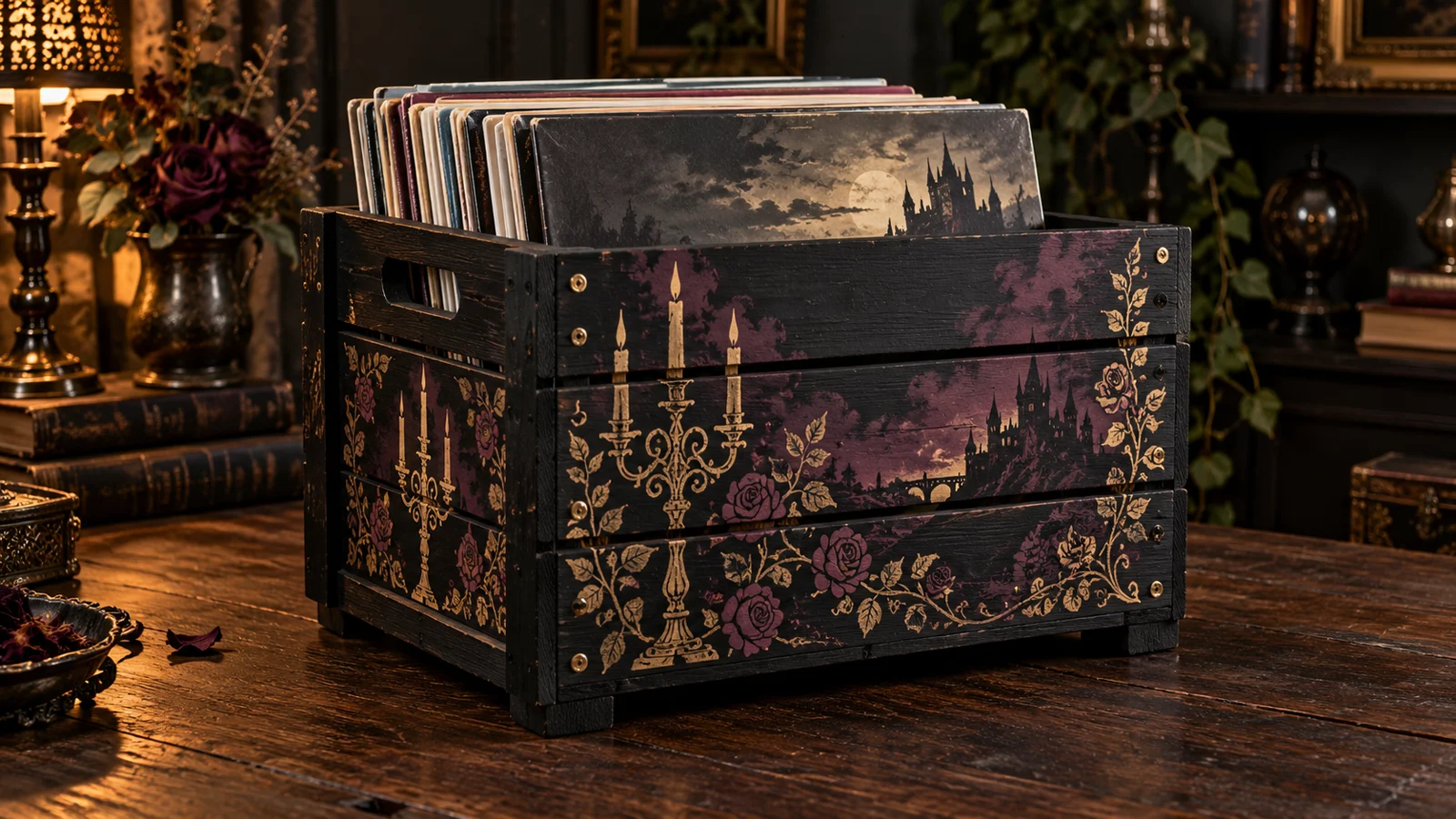 Black wooden vinyl record storage crate decorated with antique-gold candelabra, plum roses, and gothic castle motifs, filled with upright record albums on a dark wood table