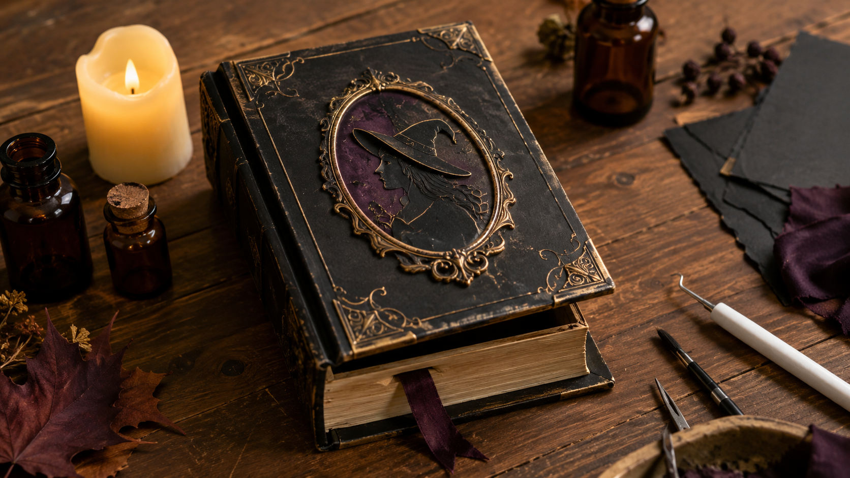 Finished handmade gothic faux-book keepsake box painted black, plum, and antique gold with an ornate fantasy-witch cameo, amber bottles, pressed leaves, and craft tools