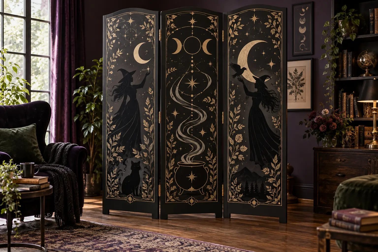 Finished black three-panel folding room divider decorated with gold celestial borders, moons, stars, cauldron motifs, and large gothic witch silhouettes in a moody reading room