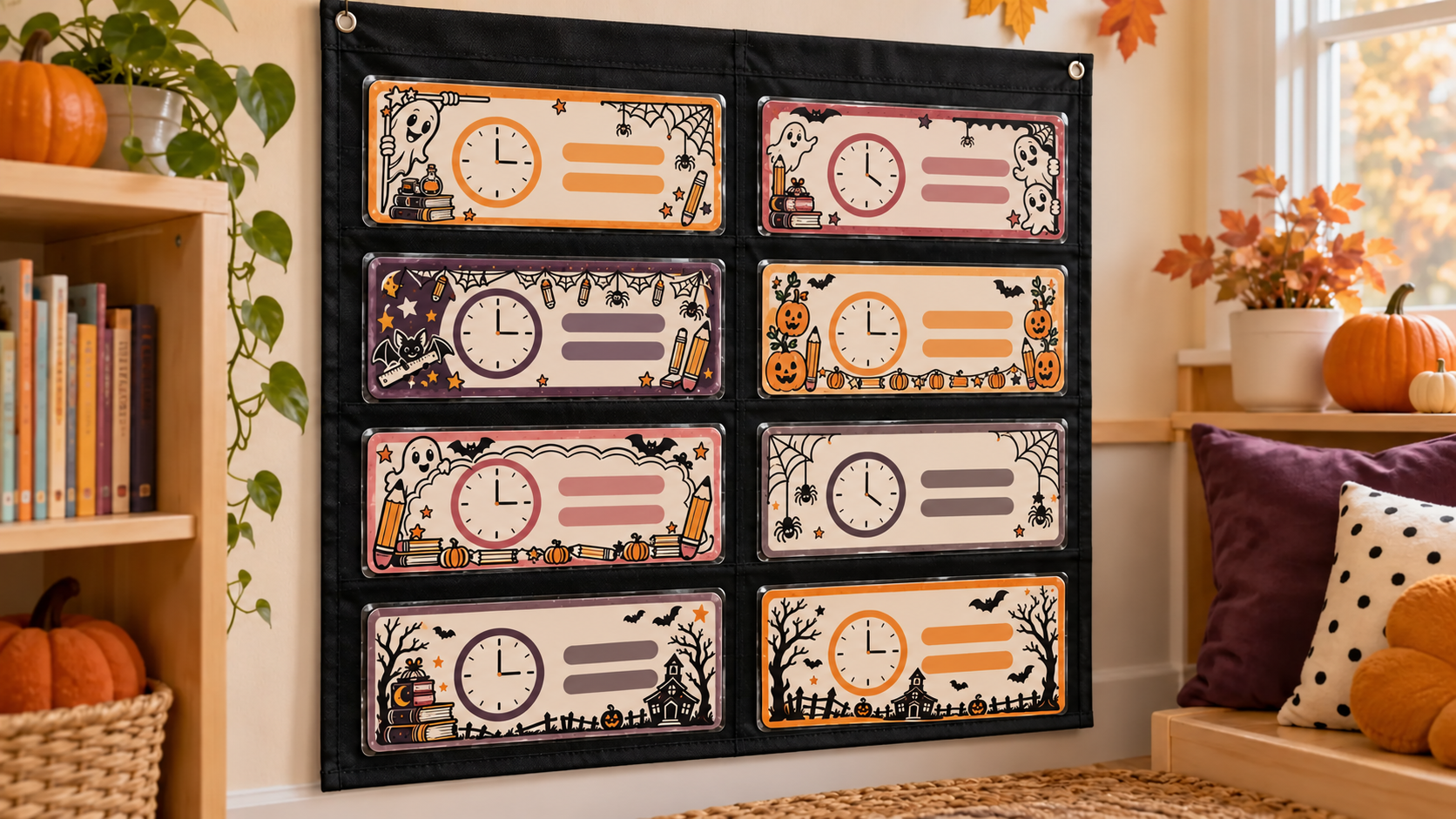Finished classroom pocket chart with eight laminated schedule cards using the featured KleanKutChaos Halloween classroom border designs