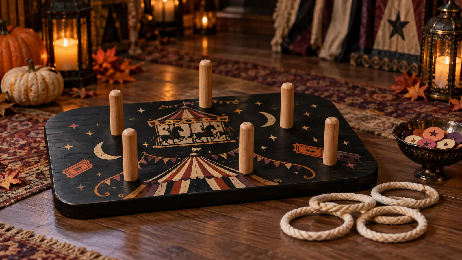 Finished matte-black wooden Halloween ring-toss game with six rounded pegs, cream rope rings, haunted carousel and big-top vinyl motifs, paper score tokens, pumpkins, and battery candles