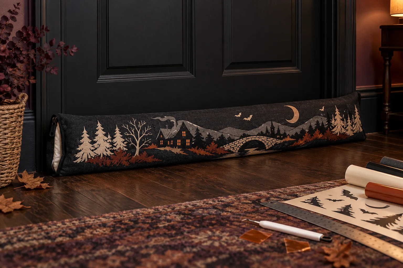 Finished charcoal canvas door draft stopper decorated with cream, rust, and smoky-gray heat-transfer-vinyl silhouettes of a haunted cabin, stone bridge, pine trees, hills, moon, and bats