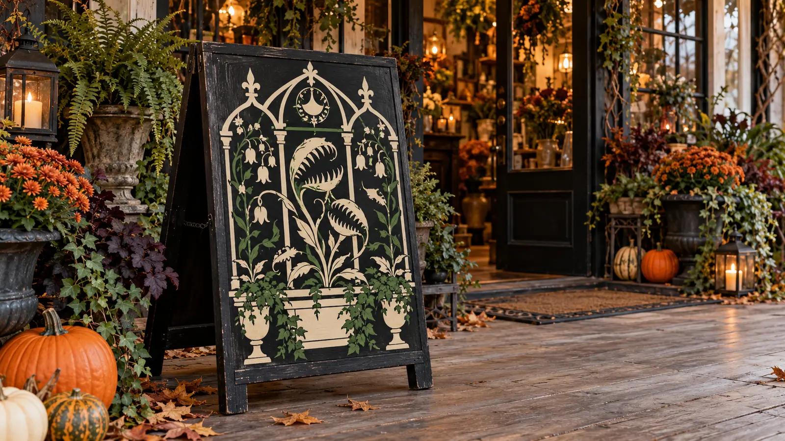 Black wooden A-frame Halloween sign with cream and deep-green carnivorous flower-shop stencil artwork on a covered autumn porch