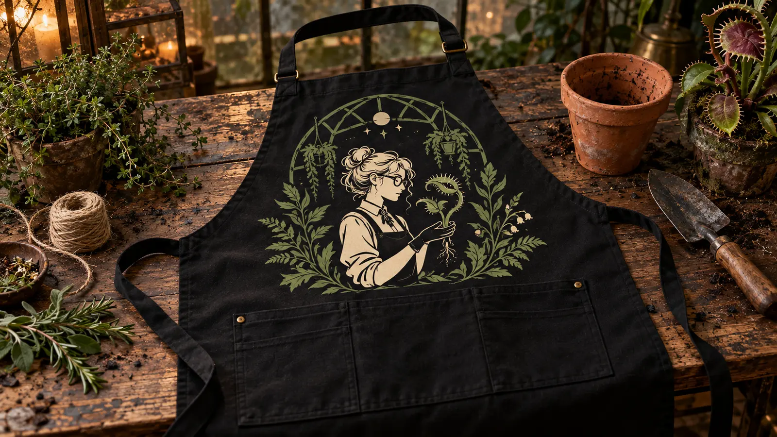 Black canvas gardening apron with cream and moss-green haunted-greenhouse heat-transfer artwork on a rustic potting bench
