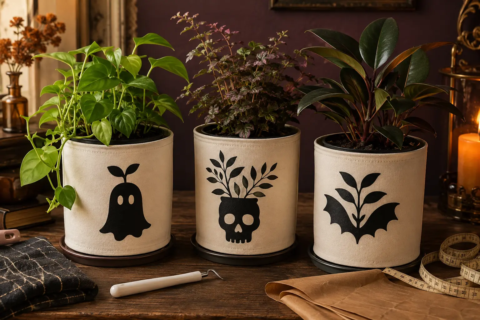 Three finished cream canvas plant-pot covers with black ghost-sprout, skull-planter, and bat-foliage heat-transfer designs on a warm gothic shelf