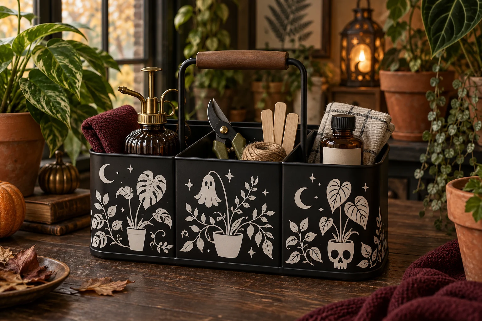Finished matte-black haunted houseplant care caddy with white ghostly botanical vinyl, glass mister, closed pruning shears, cloth, twine, and wooden plant labels
