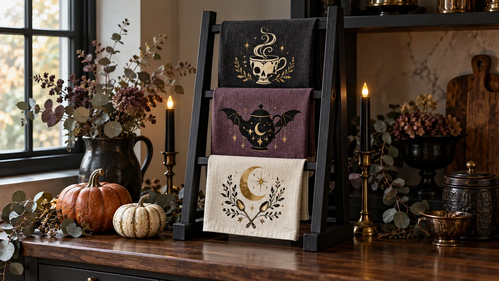 Small matte-black countertop display ladder holding charcoal, plum, and ivory cotton tea towels with haunted teacup, bat-wing teapot, crescent moon, star, and spoon motifs beside pumpkins and battery candles