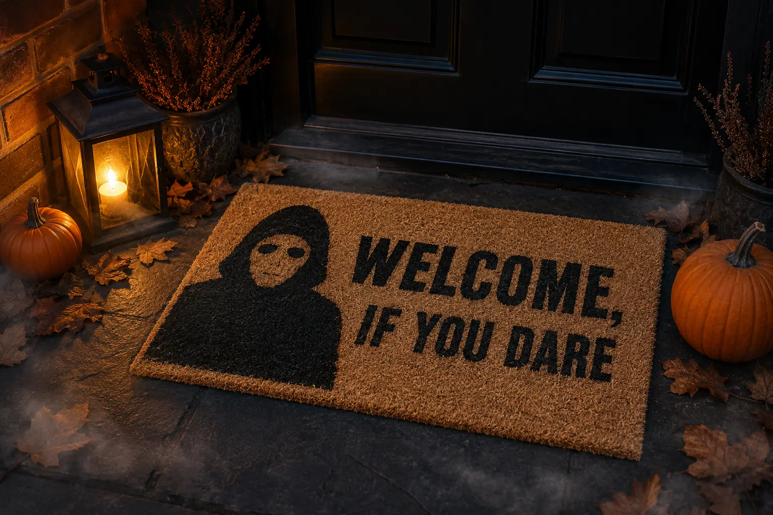 Finished tan coir Halloween doormat with a black hooded slasher stencil and Welcome If You Dare lettering on an autumn porch