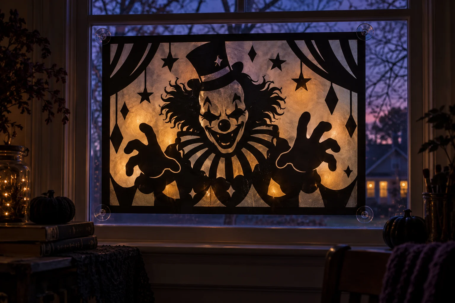 Finished black cardstock horror-clown Halloween window silhouette with smoky vellum, carnival cutouts, clear suction mounts, and warm battery-powered backlighting at dusk