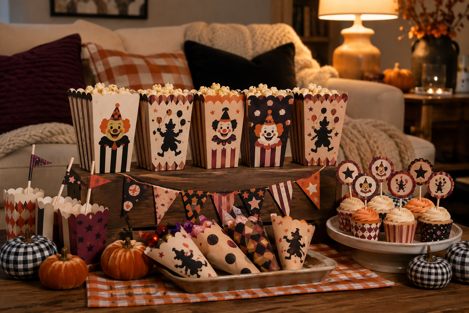 Finished Halloween movie-night party table with handmade clown-themed popcorn boxes, treat cones, cupcakes, flags, and pumpkins