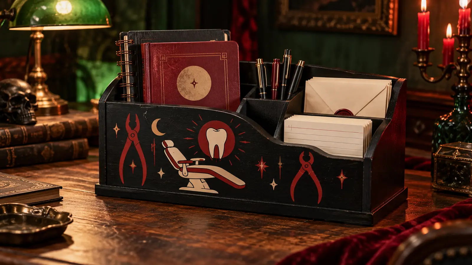 Matte-black wooden desk organizer with cream and deep-red tooth, pliers, and dentist-chair vinyl motifs holding notebooks, pens, envelopes, and index cards on a moody vintage desk