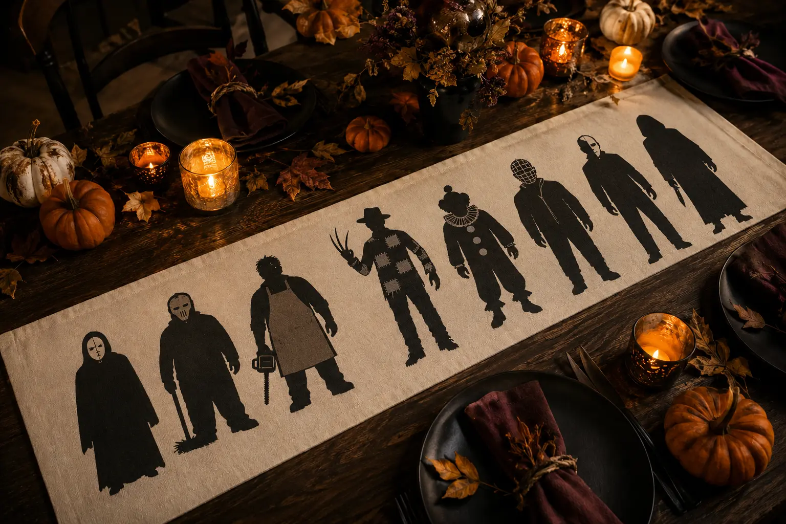 Finished cream cotton Halloween table runner decorated with eight black horror character silhouettes on an elegant candlelit table