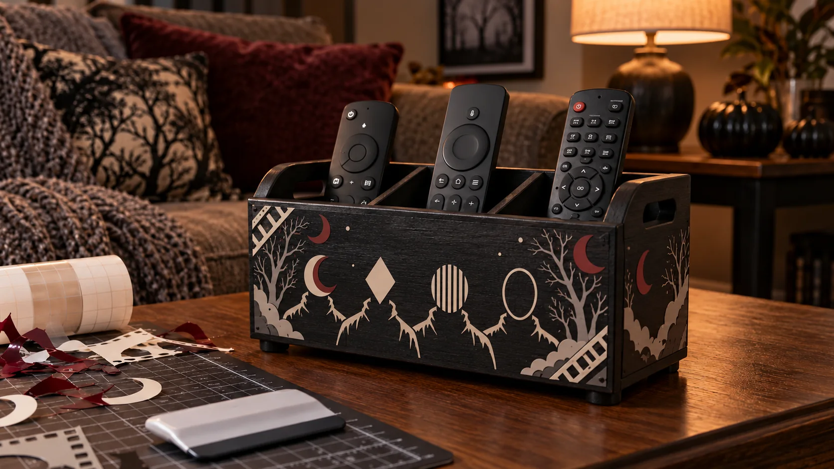 Finished matte-charcoal divided remote-control caddy holding three generic remotes with cream, burgundy, and gray abstract horror silhouettes applied only to its exterior panels