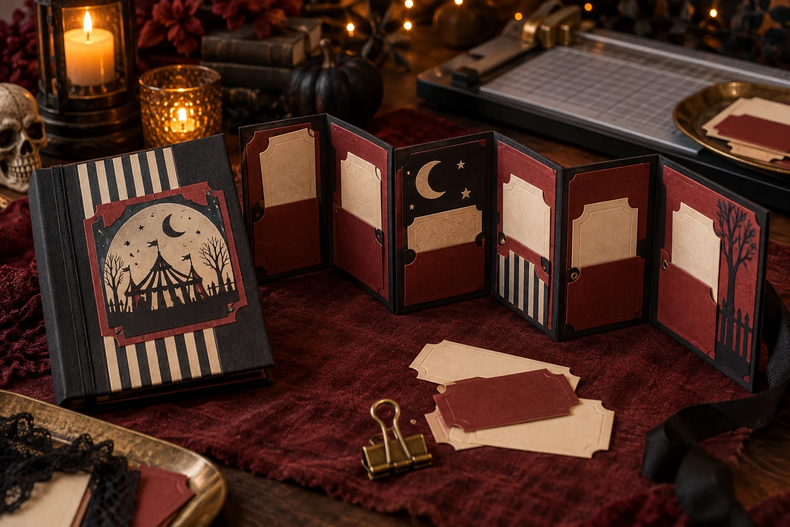 Finished black and oxblood horror movie ticket stub accordion album with cream pockets, striped cover, crescent moon, and original circus-tent silhouette