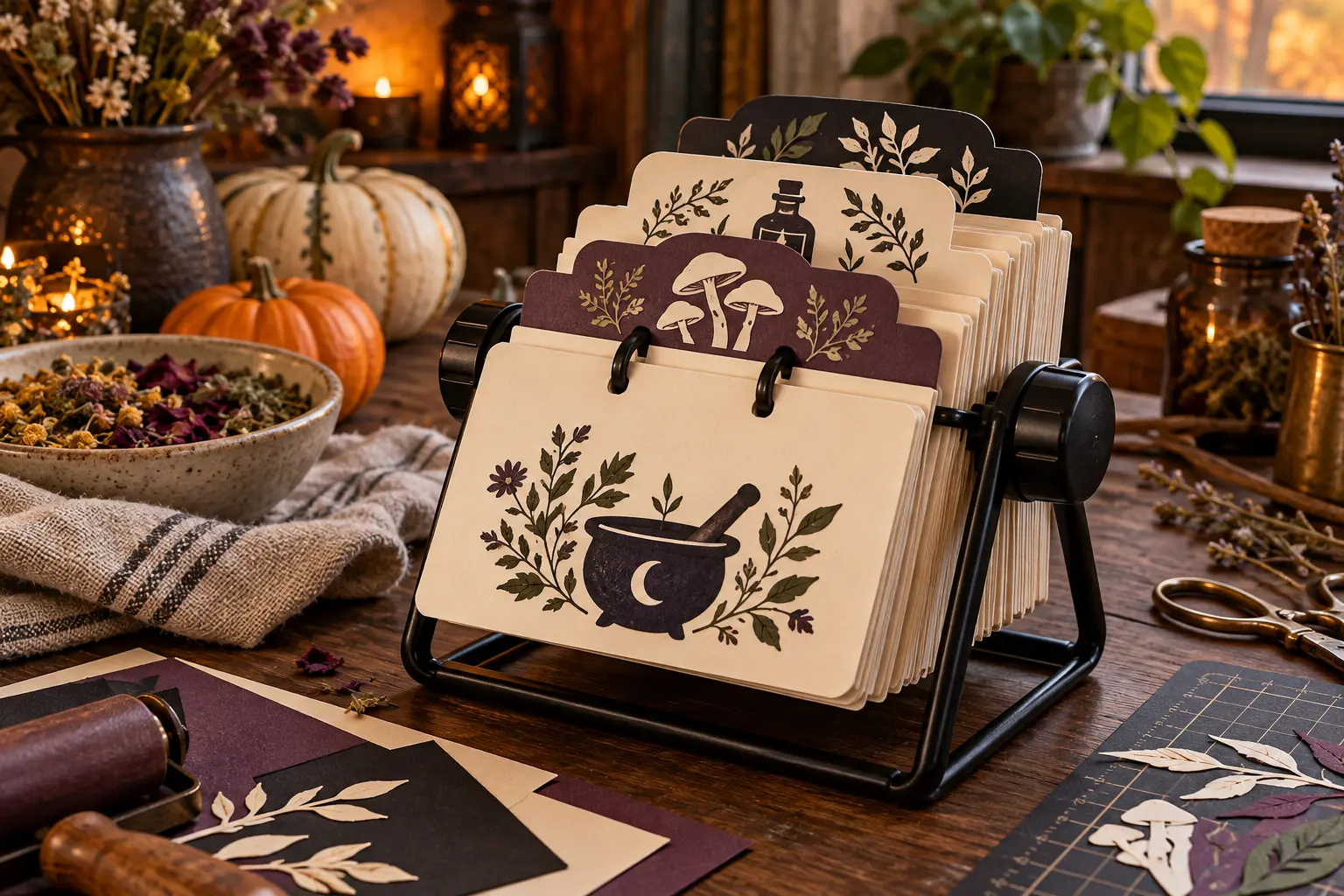 Black rotary recipe-card carousel with cream, plum, and black kitchen-witch dividers decorated with herbal bottle, mushroom, leafy sprig, and mortar-and-pestle motifs on a cozy autumn craft table