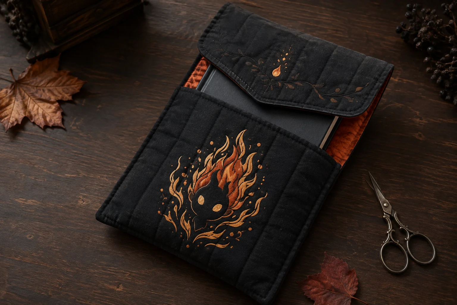 Finished black quilted book sleeve with burnt-orange lining, a partly inserted hardcover book, and an original metallic gold and orange fire-spirit motif